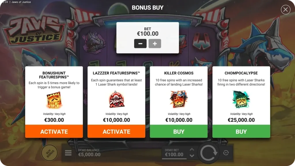Menu Bonus Buy w Jaws of Justice z cenami opcji FeatureSpins