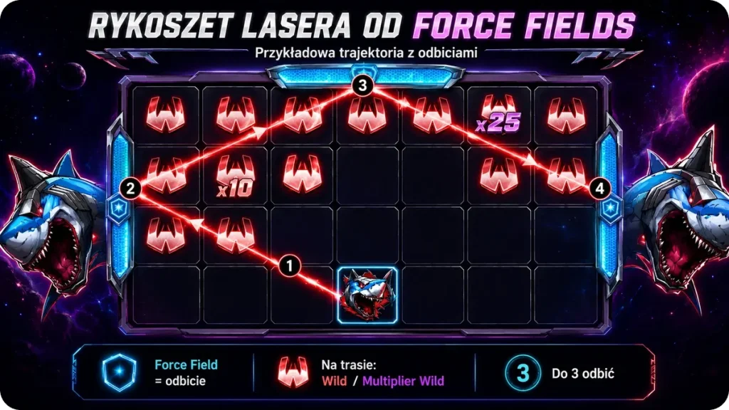 Rykoszet lasera od Force Fields w Jaws of Justice — przykładowa trajektoria z odbiciami i mnożnikami