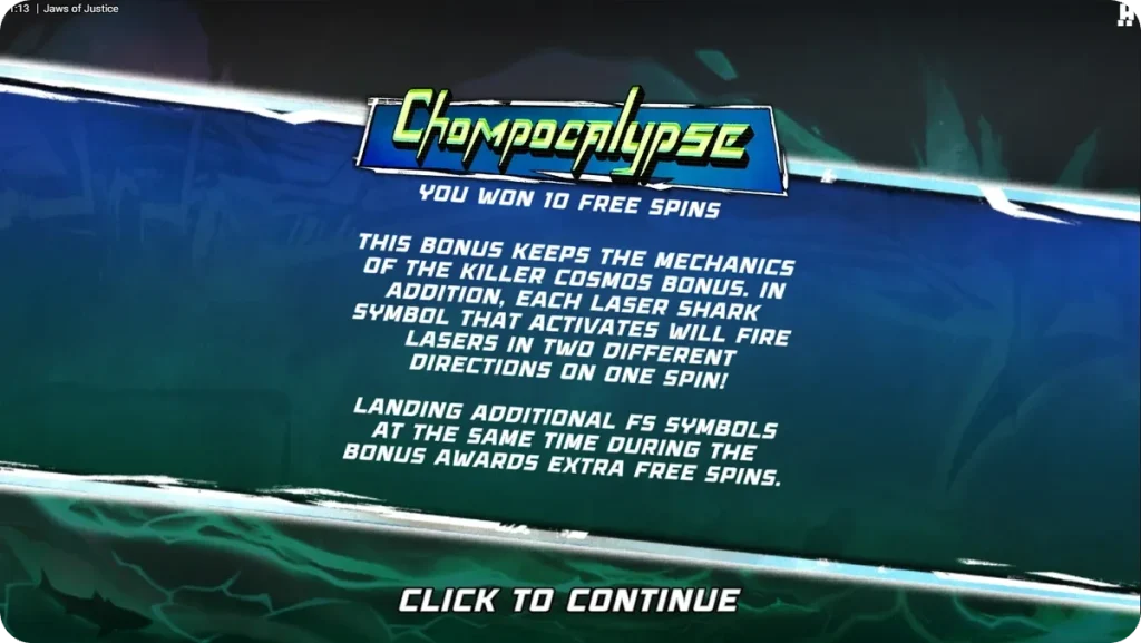 Ekran bonusu Chompocalypse w Jaws of Justice — 10 darmowych spinów