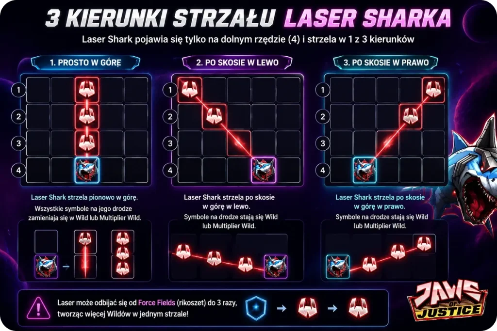 Trzy kierunki strzału Laser Sharka w Jaws of Justice: prosto w górę, po skosie w lewo i w prawo