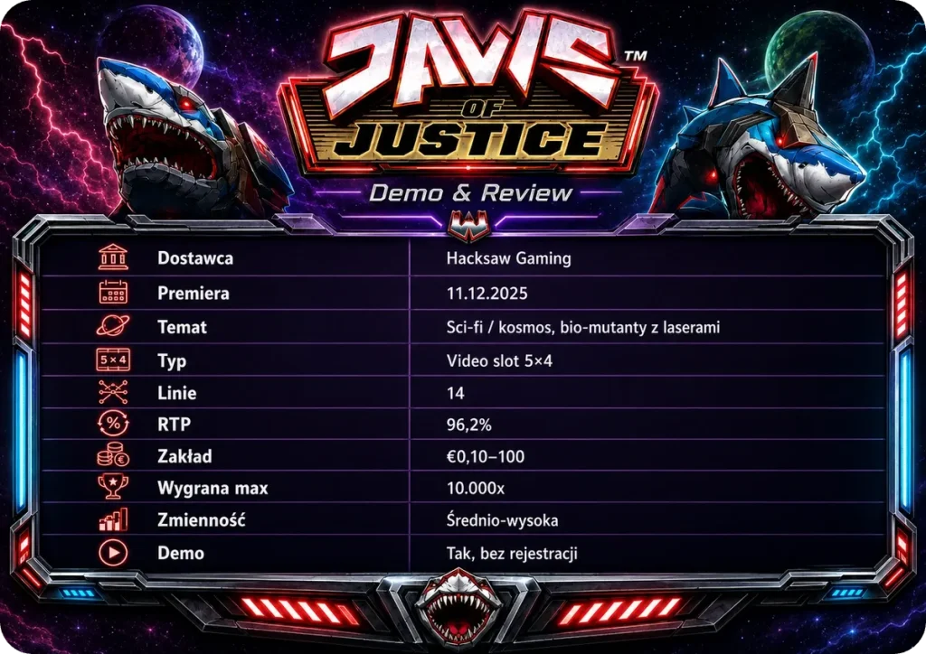 Jaws of Justice — dane techniczne: Hacksaw Gaming, premiera 11.12.2025, RTP 96,2%, wygrana max 10.000x