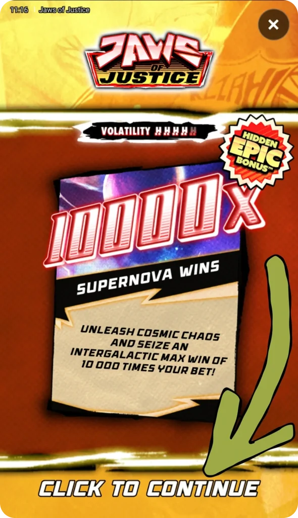Ekran Supernova Wins w Jaws of Justice — maksymalna wygrana 10 000x stawki
